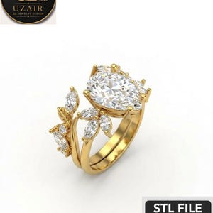 Puede incluir: Un anillo de compromiso de oro con un gran diamante en forma de pera y piedras de acento más pequeñas. El anillo presenta un diseño floral con detalles en forma de hoja. Archivo STL digital para descarga instantánea.