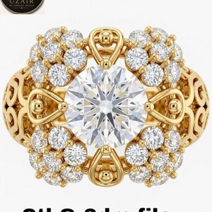 May include: A gold ring with a large, clear center stone and smaller surrounding stones. The ring has an ornate design with floral-like clusters of smaller stones. The text "Stl & 3dm file" is at the bottom.