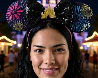 Orejas de diamantes de imitación de fuegos artificiales de Disney / Diadema brillante con corona de castillo del parque temático / Orejas de lentejuelas negras de lujo / Diamond Darling Co