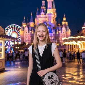 May include: A round, silver-toned crossbody bag featuring a black graphic of Mickey Mouse on the front. The bag has a black and white houndstooth patterned strap and is worn over a white t-shirt paired with a black sleeveless vest and black pants.