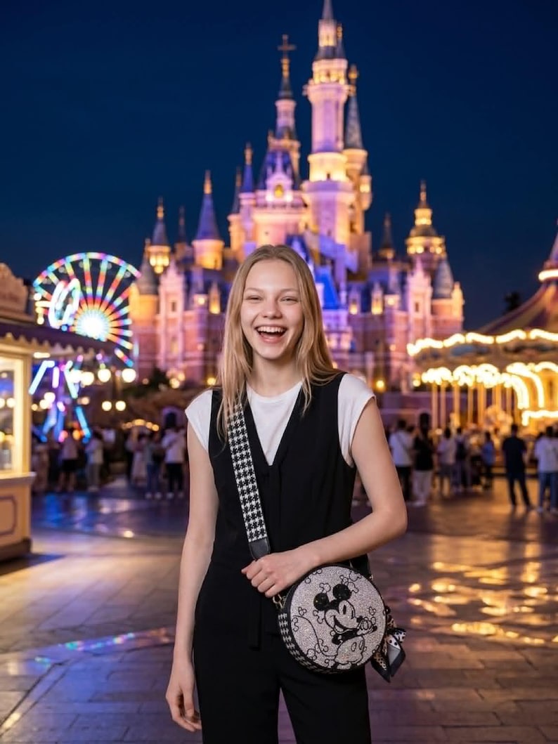 May include: A round, silver-toned crossbody bag featuring a black graphic of Mickey Mouse on the front. The bag has a black and white houndstooth patterned strap and is worn over a white t-shirt paired with a black sleeveless vest and black pants.