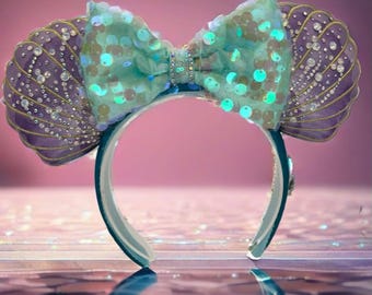 Custom Little Mermaid Inspired Rhinestone Mickey Ears | Couture Disney Ears OOAK Ariel Sparkle Mickey Ears - Little Mermaid Sparkle Ears  main image 3