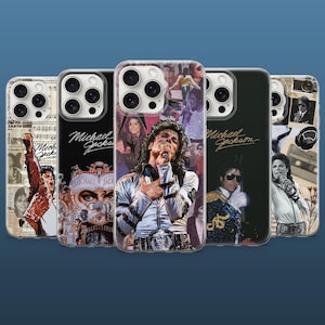 May include: Five phone cases showcasing images of Michael Jackson. The cases feature portraits and album art, including the singer in performance attire and the "Michael Jackson" logo. The cases have a glossy finish.