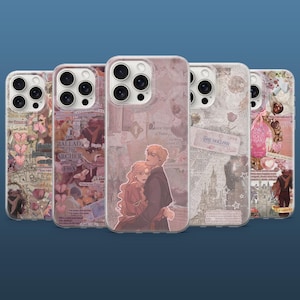 Puede incluir: Una colección de fundas para teléfonos con temas románticos y literarios. Cada funda presenta un diseño único con ilustraciones, texto y una paleta de colores de rosas, marrones y cremas. Las fundas están dispuestas en fila.