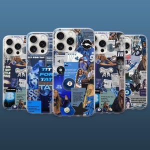 Può includere: Una collezione di cinque custodie per telefono con un design a collage nei toni del blu e del bianco. Le custodie presentano immagini di una donna, testo e vari elementi grafici. Il testo include "TIT FOR TAT" e altre frasi.