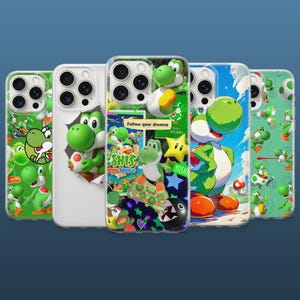 May include: A collection of phone cases featuring the character Yoshi from the Super Mario franchise. The cases display various colorful designs with Yoshi in different poses, along with text that reads "Follow your dreams" and "Yoshi's Speed World".