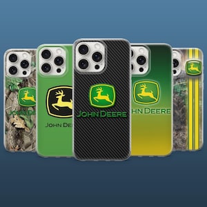 May include: A collection of phone cases featuring the John Deere logo. The cases display various designs, including a carbon fiber texture, camouflage, and gradient green backgrounds. The John Deere logo is prominently displayed on each case.