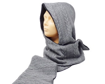 fleece gray black Hooded scarf plait jacquard