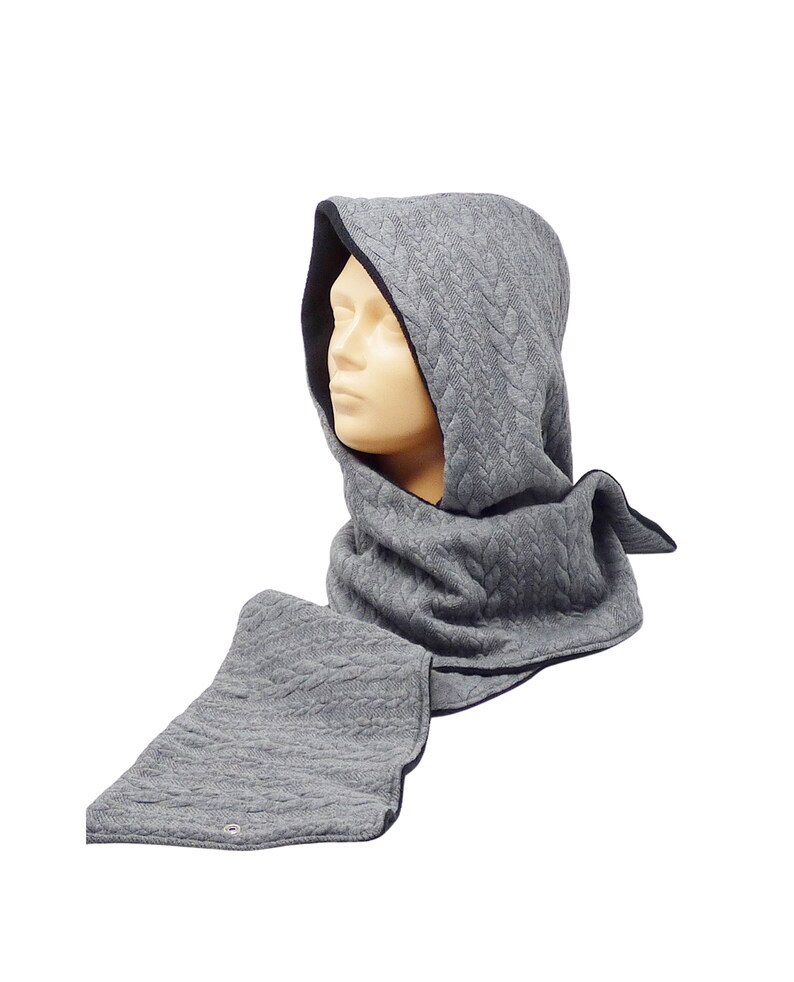 fleece gray black Hooded scarf plait jacquard