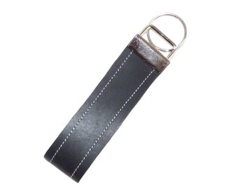 Keychain leather lanyard black with seam smooth leather