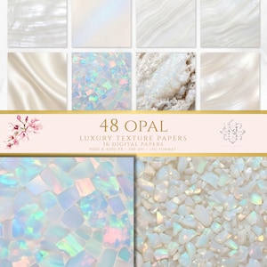 May include: A collection of 48 opal luxury texture papers featuring 16 digital papers in JPG format at 4000 x 4000 px and 300 dpi. The images display various iridescent white, cream, and multi-colored opal stone patterns, including smooth, wavy, and fragmented textures.
