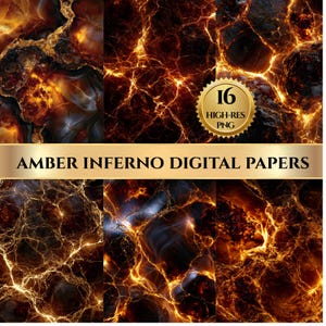 Peut inclure: Une collection de papiers numériques présentant des textures abstraites sombres avec des veines lumineuses dorées et ambrées. Un badge circulaire doré affiche le texte 16 HIGH-RES PNG, et une bannière dorée contient le texte AMBER INFERNO DIGITAL PAPERS.