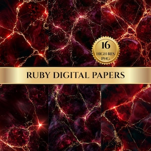 May include: A collection of digital papers featuring deep red and dark purple marble textures with glowing gold veins. A gold circular badge displays the text 16 HIGH-RES PNG, and a central gold banner features the text RUBY DIGITAL PAPERS.