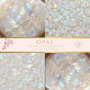 May include: A collection of 16 digital papers featuring opal luxury textures. The images display iridescent, shimmering white and translucent stone fragments with rainbow light reflections. Text reads: OPAL LUXURY TEXTURE PAPERS 16 DIGITAL PAPERS 4000 X 4000 PX - 300 DPI - JPG FORMAT.