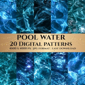 Puede incluir: Una colección de 20 patrones digitales con agua de piscina azul, reflejos de luz y ondas. El texto dice: POOL WATER 20 DIGITAL PATTERNS 4000 x 4000 PX | JPG FORMAT | EASY DOWNLOAD. El fondo es un degradado dorado con destellos brillantes.