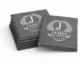 Custom Engraved Slate Coaster – Personalized Monogram Gift, Wedding Date Coaster, Anniversary Keepsake