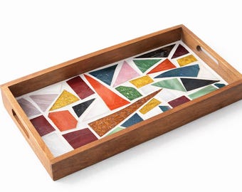 Handcrafted Wooden Tray – Colorful Glass Mosaic Art, Decorative Serving Piece