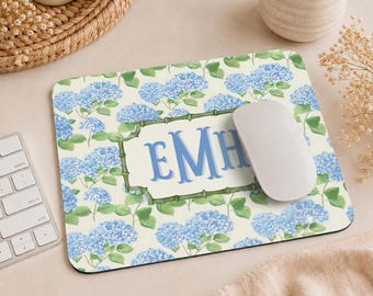 Personalized Hydrangea Mouse Pad, Custom Name Desk Mat, Blue Floral Mousepad, Preppy Office Decor, Aesthetic Workspace Gift for Her