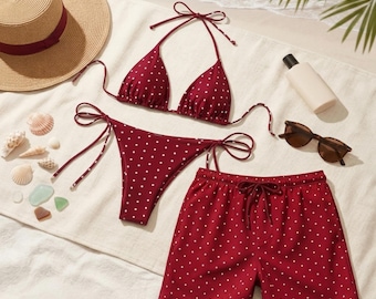 Matching Couples Swimwear Polka Dot, Women's Triangle Bikini Set & Men's Swim Trunks, Honeymoon Beachwear, Burgundy Red Matching Swimsuits