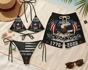 250 Years USA Semiquincentennial Matching Swimwear Set, 1776-2026 We The People Patriotic Bikini & Board Shorts,4th of July Couple Beachwear