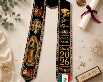 Personalized Mexican Graduation Stole 2026, Virgen de Guadalupe Floral Grad Sash, Custom Name School Senior Gift