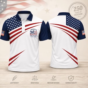 May include: A white polo shirt featuring a navy blue collar and sleeves with a red, white, and blue American flag pattern. The front displays the text America 250 Anniversary 1776-2026. The back shows a flag design with red stripes and stars.