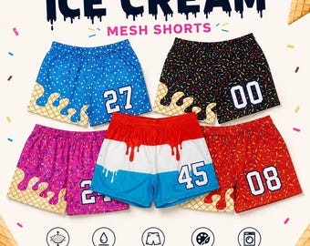 Ice Cream Drip Mesh Shorts for Kids, Youth & Adults, Retro Sprinkle Athletic Shorts, Custom Number Basketball Mesh Shorts