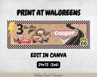 Cars Birthday Banner 2x6, Digital Download, Editable Template, Lightning McQueen Party, Disney Mater 3rd Birthday