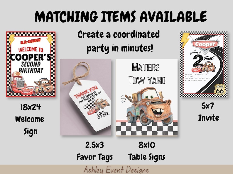 May include: A collection of party stationery featuring race car graphics, including an 18x24 welcome sign, 2.5x3 favor tags with twine, an 8x10 table sign labeled Maters Tow Yard, and a 5x7 invitation, all decorated with checkered patterns.