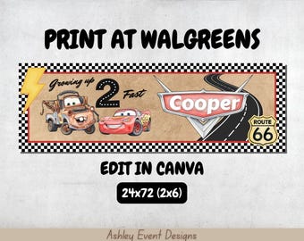 Cars Birthday Banner 2x6, Digital Download, Editable Template, Lightning McQueen Party, Disney Mater 2nd Birthday