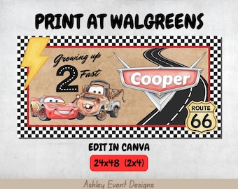 Cars Birthday Banner, Digital Download, Editable Template, Lightning McQueen Party, Disney Mater 3rd Birthday