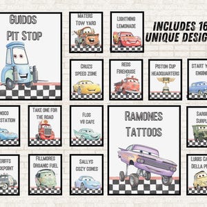 May include: A collection of 16 rectangular signs featuring characters and locations from the Cars movie franchise. Each sign includes a black border, a checkered racing flag pattern at the bottom, and text such as Guidos Pit Stop, Ramones Tattoos, and Includes 16 Unique Designs.