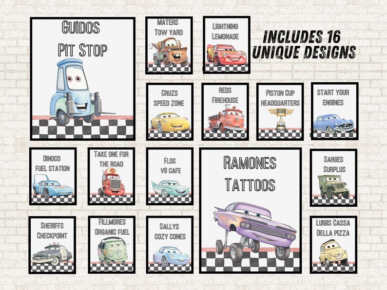 May include: A collection of 16 rectangular signs featuring characters and locations from the Cars movie franchise. Each sign includes a black border, a checkered racing flag pattern at the bottom, and text such as Guidos Pit Stop, Ramones Tattoos, and Includes 16 Unique Designs.