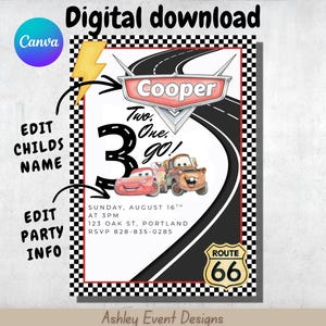 May include: A digital birthday invitation template featuring a checkered border, a winding road graphic, and two cartoon cars. The text includes Cooper, Two, One, go!, Sunday, August 16th at 3pm, 123 Oak St, Portland, RSVP 828-835-0285, and Route 66.