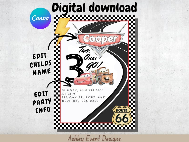 May include: A digital birthday invitation template featuring a checkered border, a winding road graphic, and two cartoon cars. The text includes Cooper, Two, One, go!, Sunday, August 16th at 3pm, 123 Oak St, Portland, RSVP 828-835-0285, and Route 66.