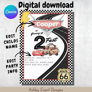 Puede incluir: Una plantilla de invitaci&oacute;n digital con borde a cuadros, un gr&aacute;fico de carretera sinuosa y coches de carreras. El texto incluye "Cooper is Growing up 2 Fast", "SUNDAY, AUGUST 16TH AT 3PM", "123 OAK ST, PORTLAND", "RSVP 828-835-0285" y una se&ntilde;al de "ROUTE 66".