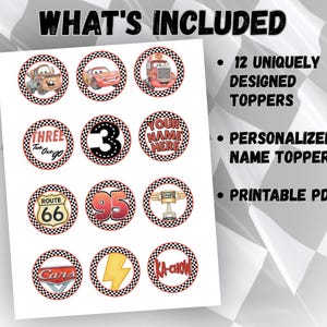 May include: A printable PDF sheet featuring 12 circular cupcake toppers with a racing theme, including images of cartoon cars, the number 95, a Route 66 sign, a lightning bolt, and text reading "THREE", "YOUR NAME HERE", and "KA-CHOW".