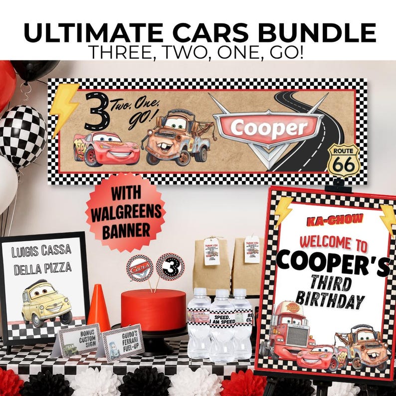 Cars Birthday Bundle, Three Two One Go Decorations, Lightning McQueen Party Kit, Walgreens Banner, Race Car Birthday image 1