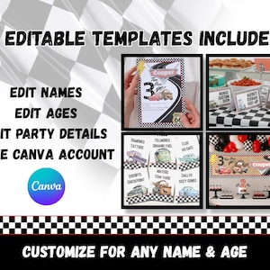 May include: A set of seven editable party templates featuring a race car theme with checkered patterns. The templates include invitations, food labels, and signage with cartoon car graphics, customisable for names and ages via Canva.