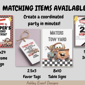 May include: A collection of printable party stationery featuring race car themes, including an 18x24 welcome sign, 2.5x3 favor tags, 8x10 table signs, and a 5x7 invitation. The designs incorporate checkered patterns, red and brown car illustrations, and text.