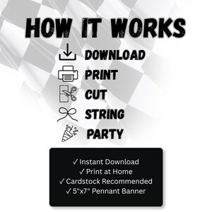 Op de afbeelding: Een digitale instructieafbeelding met de titel HOW IT WORKS en iconen voor downloaden, printen, knippen, rijgen en feest. Een zwart kader vermeldt: Instant Download, Print at Home, Cardstock Recommended, 12,7cm x 17,8cm Pennant Banner op een geblokte achtergrond.