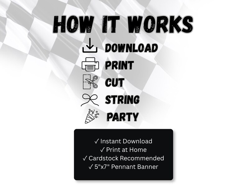 Op de afbeelding: Een digitale instructieafbeelding met de titel HOW IT WORKS en iconen voor downloaden, printen, knippen, rijgen en feest. Een zwart kader vermeldt: Instant Download, Print at Home, Cardstock Recommended, 12,7cm x 17,8cm Pennant Banner op een geblokte achtergrond.