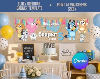 Bluey Birthday Banner Template | Editable Canva Banner | 2ft x 6ft Bluey Party Decoration | Custom Birthday Sign | Instant Digital Download