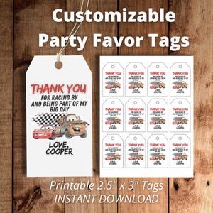 May include: White rectangular party favour tags featuring a red and black race car graphic, a checkered flag, and the text Thank You For Racing By And Being Part Of My Big Day Love, Cooper. The tags measure 6.35 cm by 7.62 cm in size.