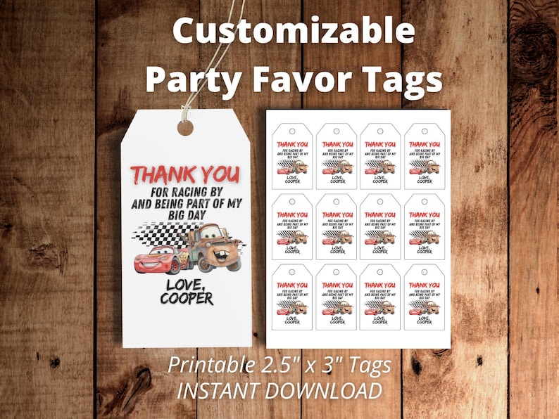 May include: White rectangular party favour tags featuring a red and black race car graphic, a checkered flag, and the text Thank You For Racing By And Being Part Of My Big Day Love, Cooper. The tags measure 6.35 cm by 7.62 cm in size.
