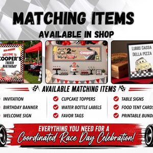 Op de afbeelding: Een promotionele afbeelding voor feestartikelen met een raceauto-thema, met drie afbeeldingen van verjaardagsdecoraties, waaronder een welkomstbord, een banner en een ingelijst bord. Een checklist met beschikbare items zoals uitnodigingen is inbegrepen.