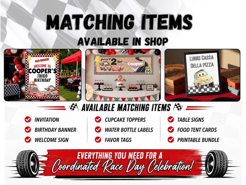 Op de afbeelding: Een promotionele afbeelding voor feestartikelen met een raceauto-thema, met drie afbeeldingen van verjaardagsdecoraties, waaronder een welkomstbord, een banner en een ingelijst bord. Een checklist met beschikbare items zoals uitnodigingen is inbegrepen.