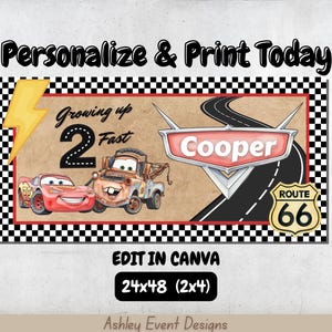 May include: A rectangular banner design featuring a black and white checkered border, a yellow lightning bolt, and the text Personalize & Print Today. It includes illustrations of two cartoon cars, a road, and a Route 66 sign with the name Cooper.