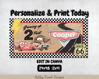 Cars Birthday Banner 2x4, Digital Download, Editable Template, Lightning McQueen Party, Disney Mater 2nd Birthday