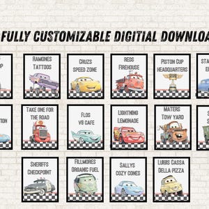 Puede incluir: Una colecci&oacute;n de 16 descargas digitales totalmente personalizables que presentan varios personajes y lugares de la franquicia Cars, cada uno en un marco cuadrado con borde a cuadros y etiquetas de texto descriptivas para se&ntilde;alizaci&oacute;n tem&aacute;tica.